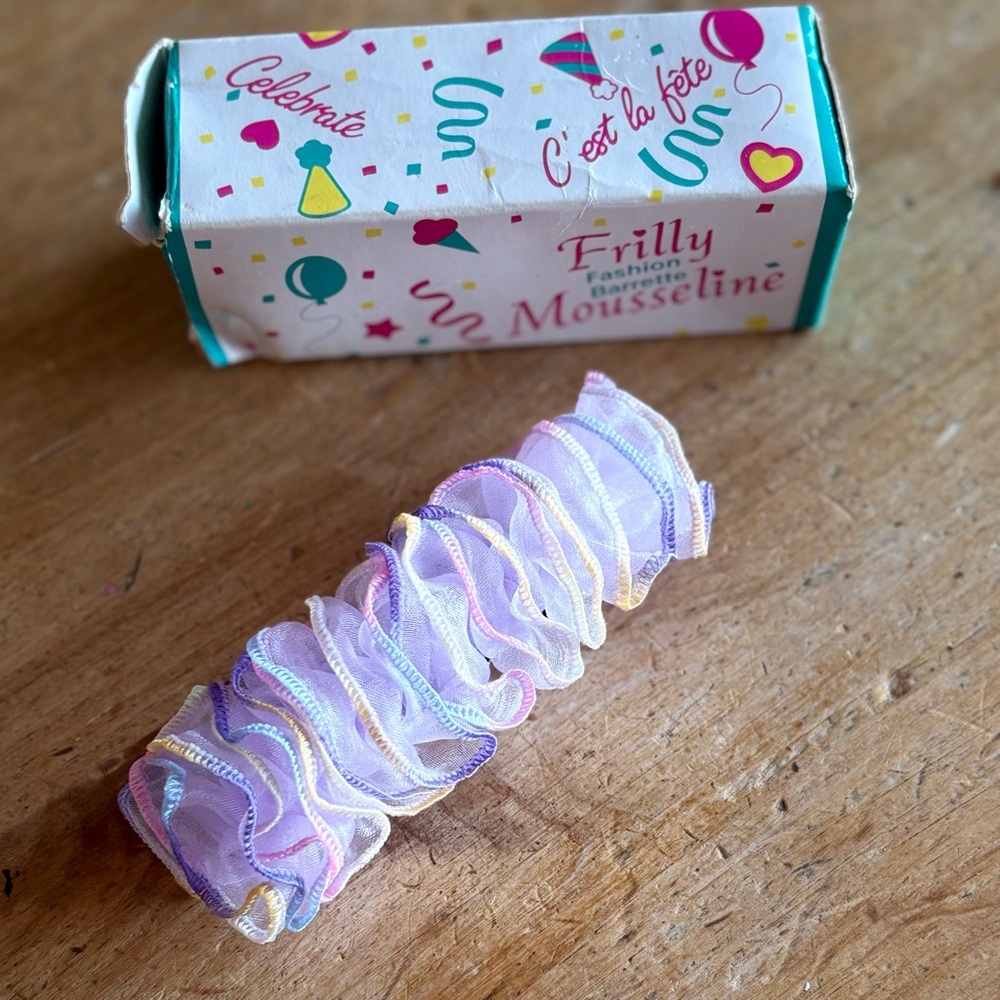 VTG 1989 Frilly Fashion 4” Pastel Organza Ribbon Barrette NIB Silver Clip 370